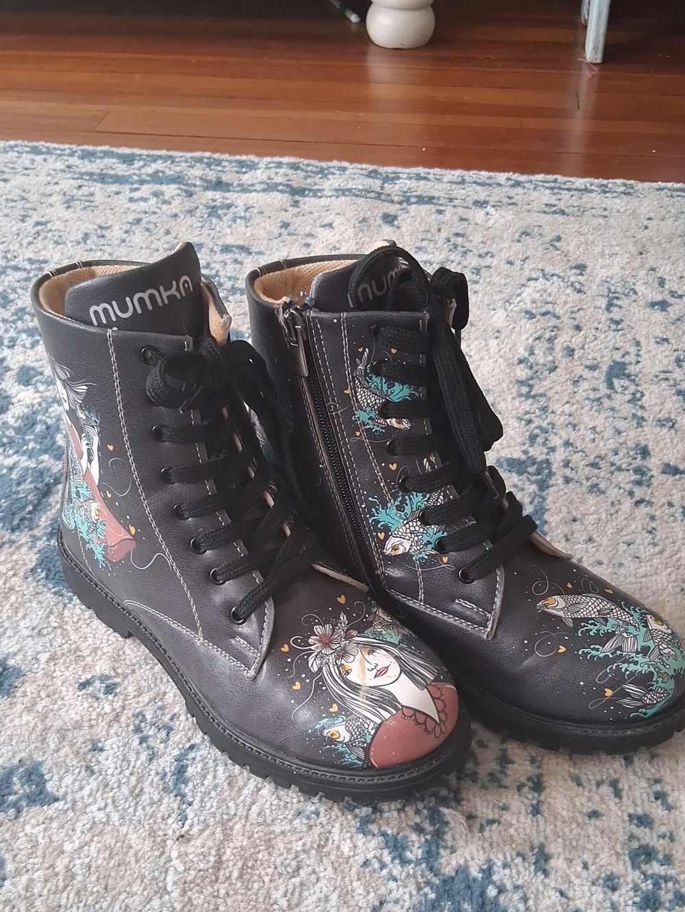 Black Lace-Up Graphic Ankle Boots